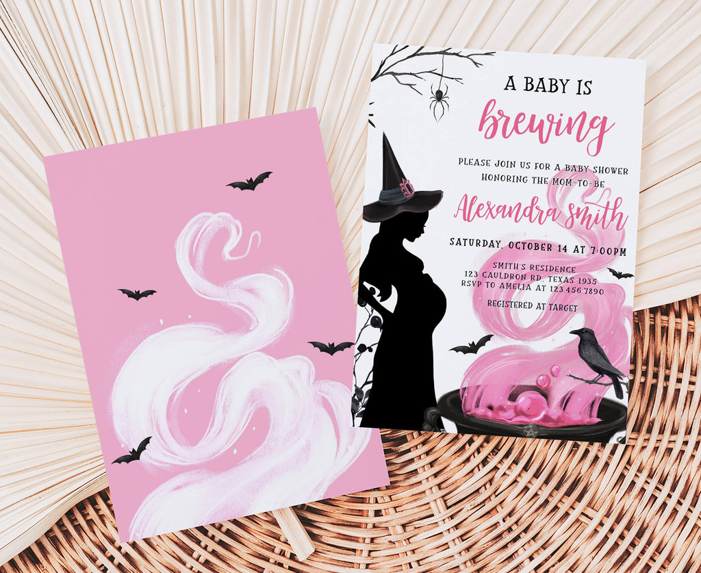 Pink witch-themed Halloween baby shower invite