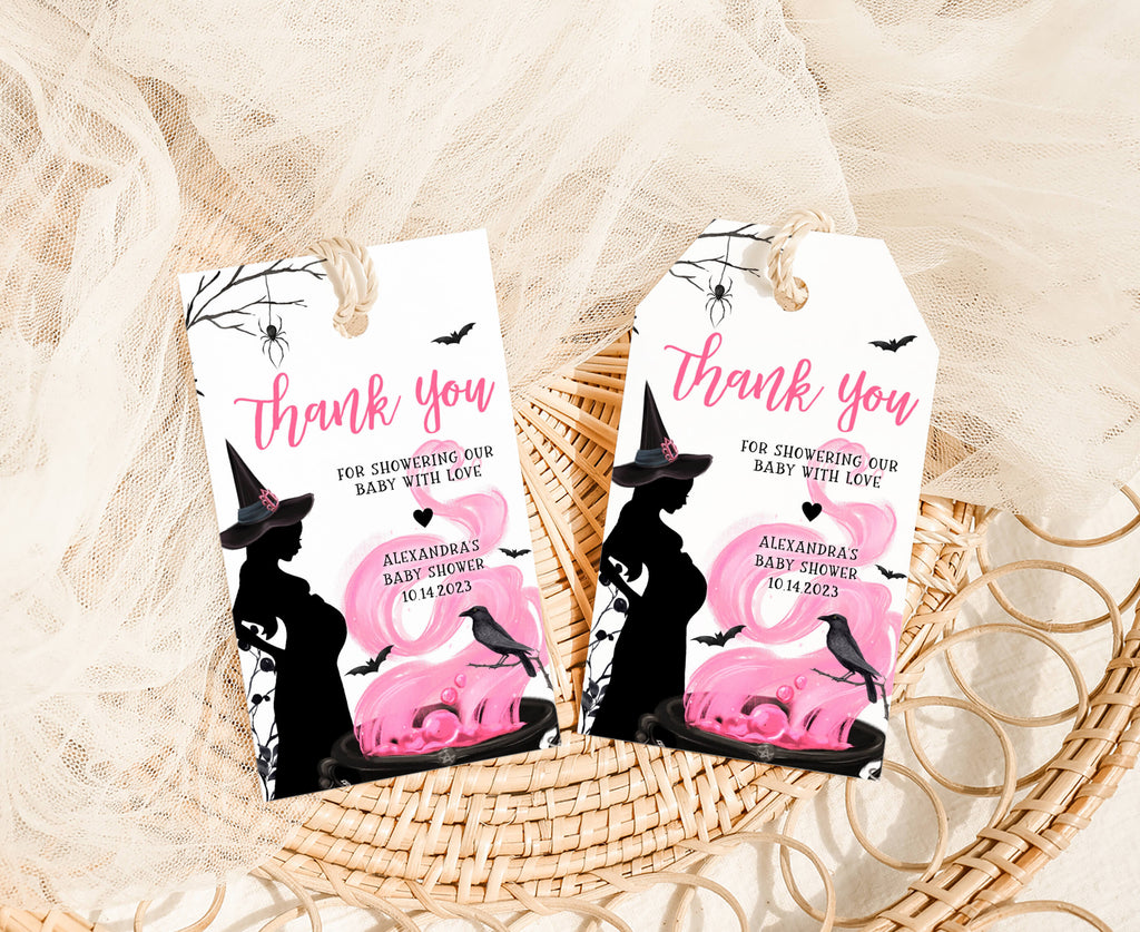 Girl Halloween baby shower favor tags in pink witch theme, spooky cute printable gift tag for party favors
