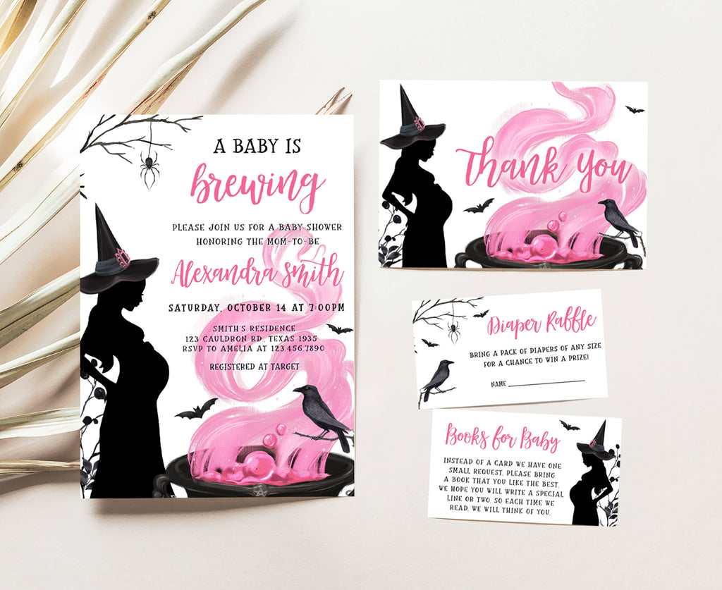 Pink witch Halloween baby shower invitation set for girl, editable a baby is brewing party invite