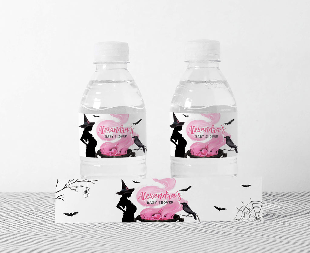 Pink witch Halloween baby shower bottle labels for girl for a baby is brewing theme party décor