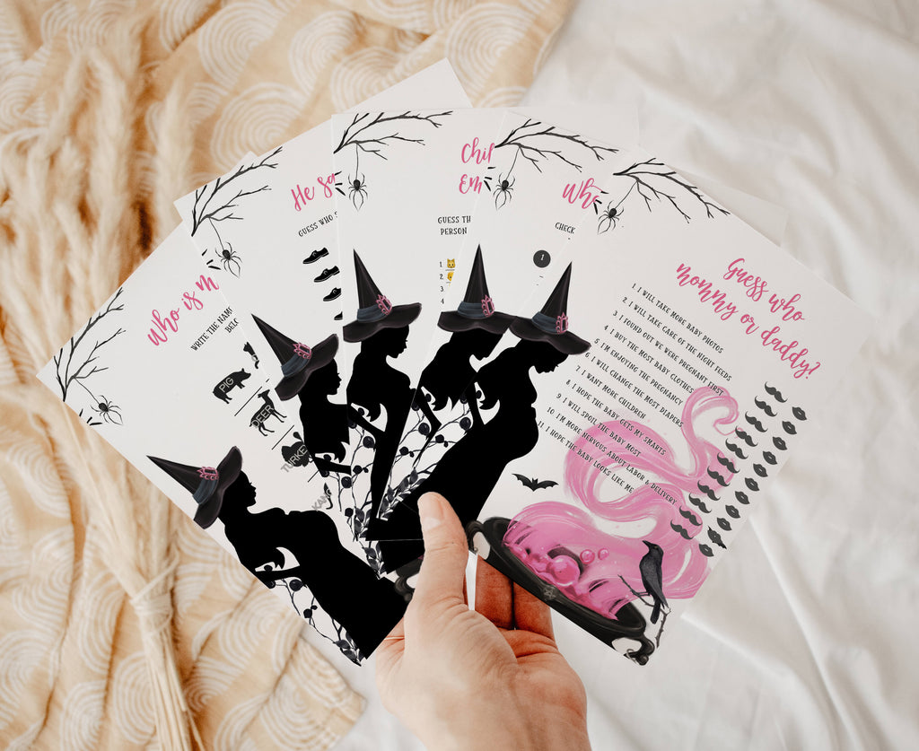 A baby is brewing Halloween baby shower games bundle in pink for girl, spooky fun printable activity set