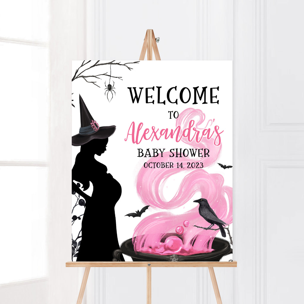 A baby is brewing welcome sign for Halloween baby shower, pink witch theme décor for girl’s spooky party