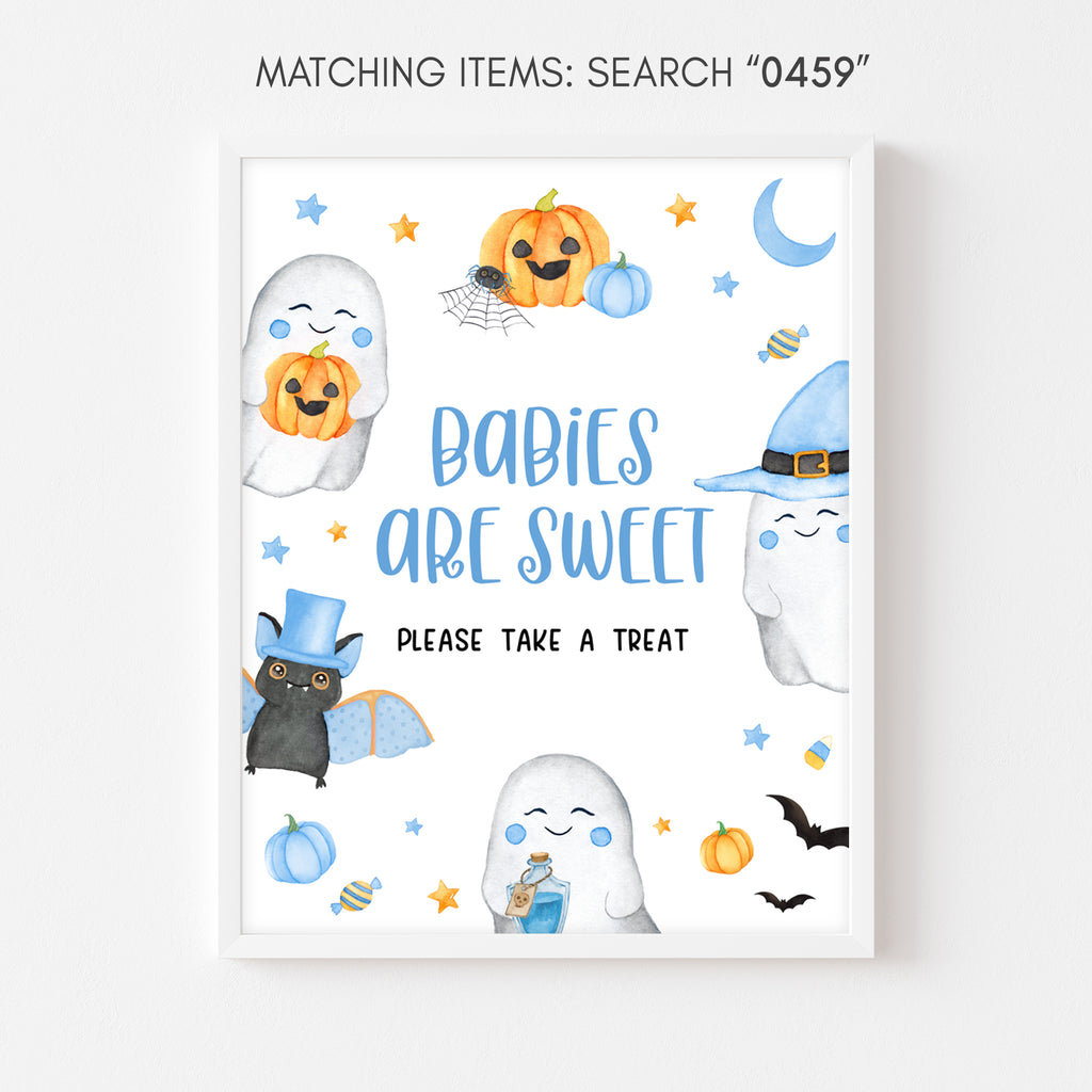 Babies are sweet Halloween sign for baby boy shower with spooky cute ghost and candy illustrations