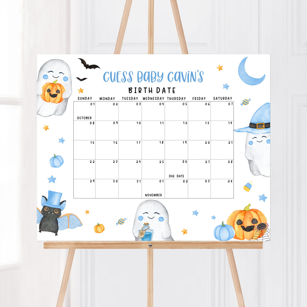 Editable Halloween due date calendar with ghosts and pumpkins for baby boy baby shower games