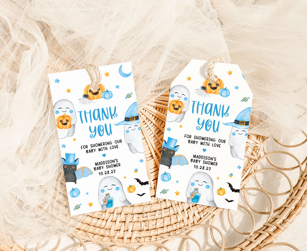 Printable Halloween favor tags with blue pumpkins and ghosts for a baby boy baby shower theme