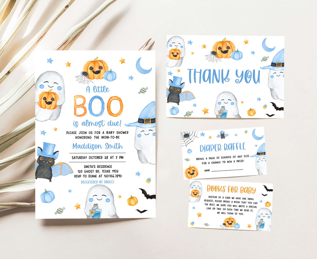 A little boo baby boy Halloween baby shower invitation set with cute ghosts and watercolor pumpkins