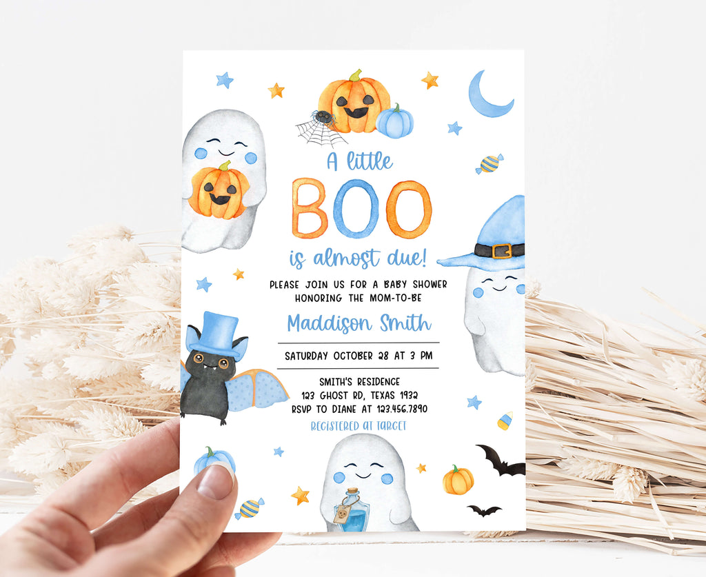 Editable ghost and pumpkin baby shower invite for boys