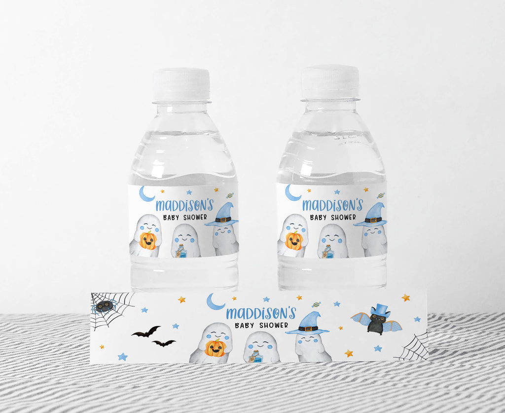Cute Halloween baby shower bottle labels with ghost and pumpkin design for baby boy celebration