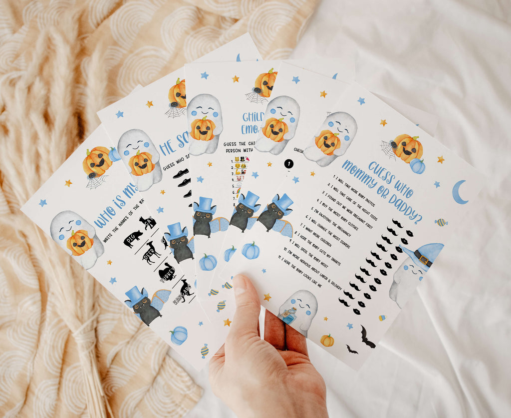 Halloween baby shower game bundle for boys with ghost, bat, and pumpkin designs in blue and orange