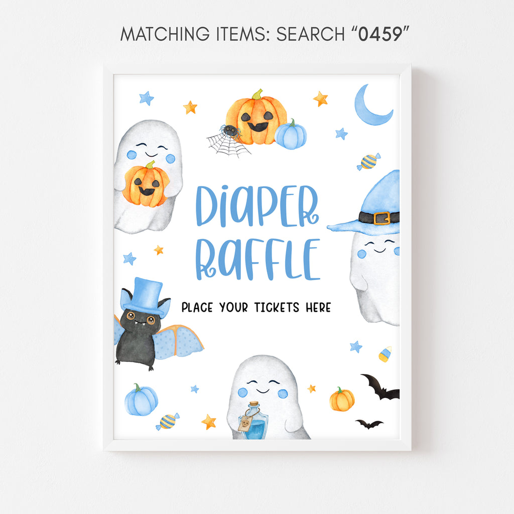 Halloween diaper raffle sign for baby boy baby shower with ghost and spider web accents