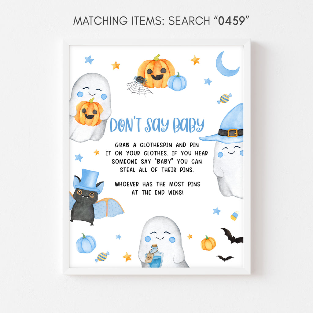 Printable Halloween Don't Say Baby game sign for baby boy shower with ghost and bat graphics