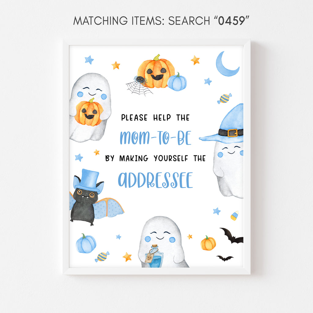 Halloween baby shower envelope station sign for boys with pumpkins and watercolor ghost design