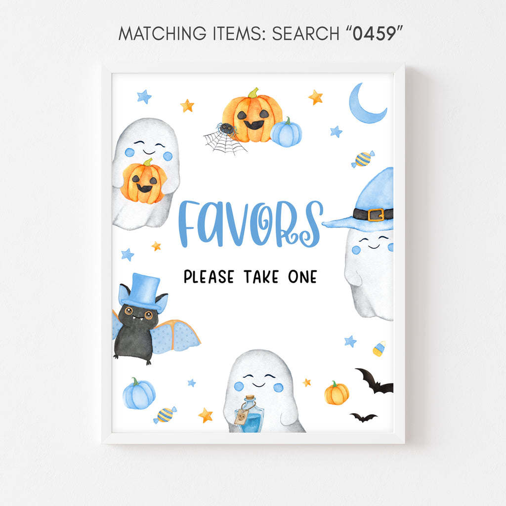 Baby boy Halloween favors sign with ghost and pumpkin art for spooky cute baby shower setup