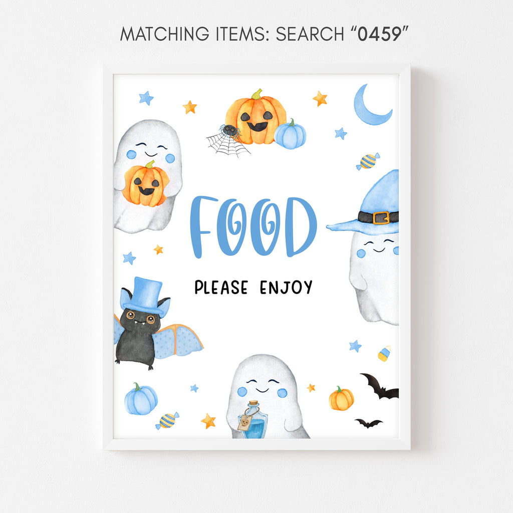 Printable Halloween food sign for baby boy baby shower featuring playful ghost and pumpkin graphics
