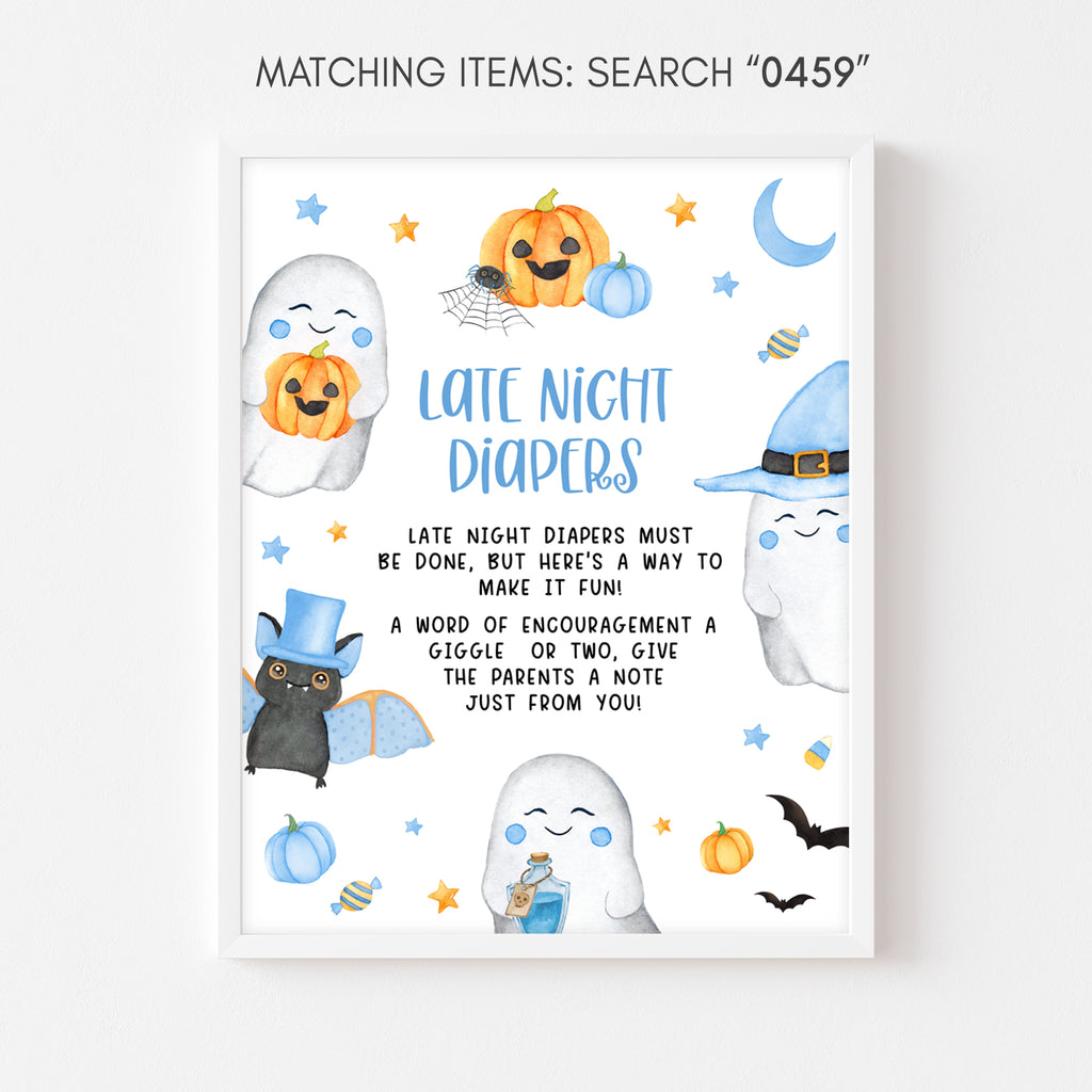 Late night diapers sign with Halloween theme for baby boy shower featuring ghost and moon elements
