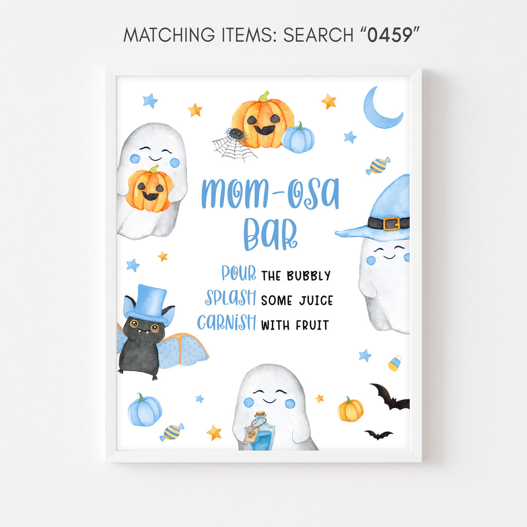 Mom-osa bar sign for Halloween baby boy shower with watercolor bat, pumpkin, and ghost design