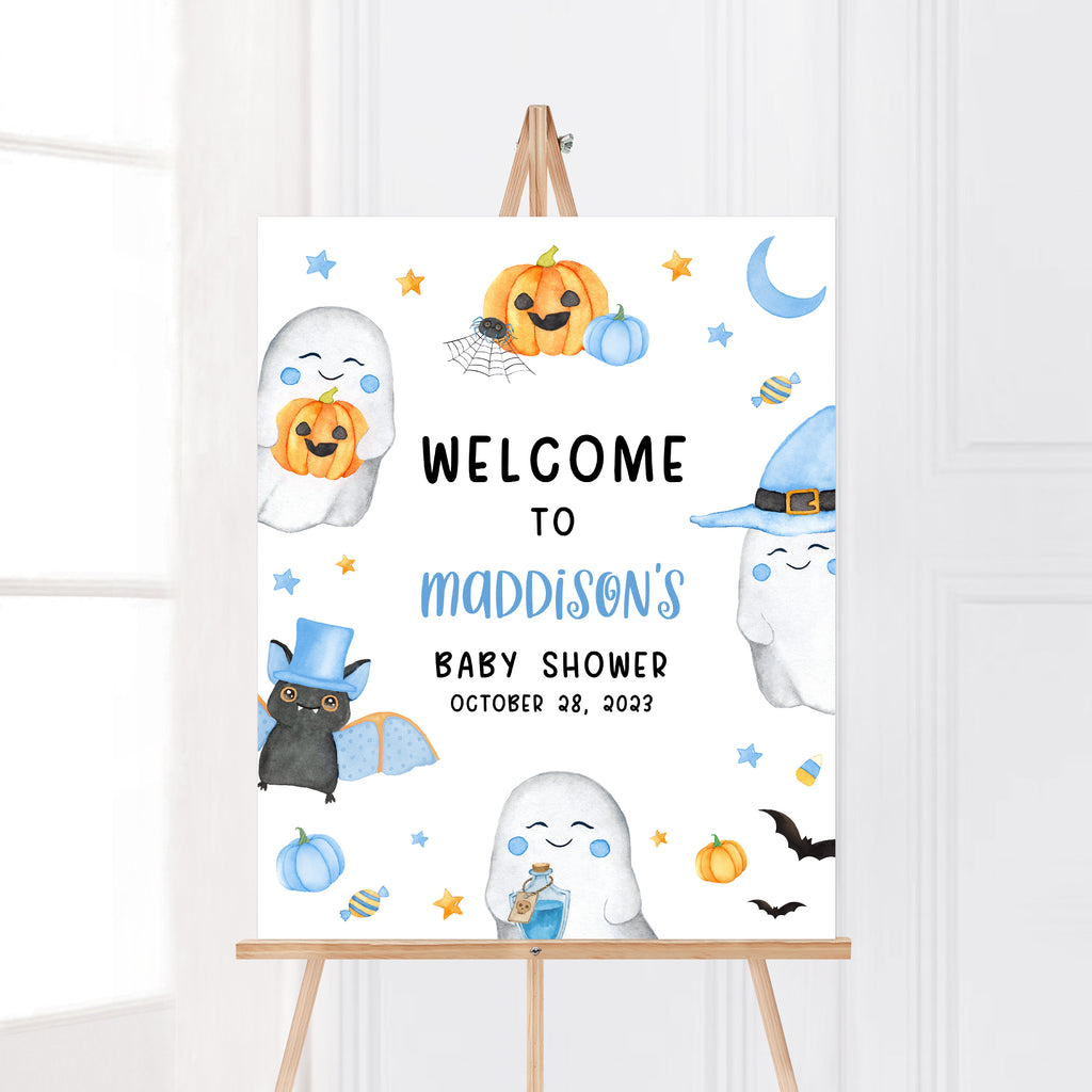 Halloween baby boy baby shower welcome sign with ghost and pumpkin illustrations in blue and orange