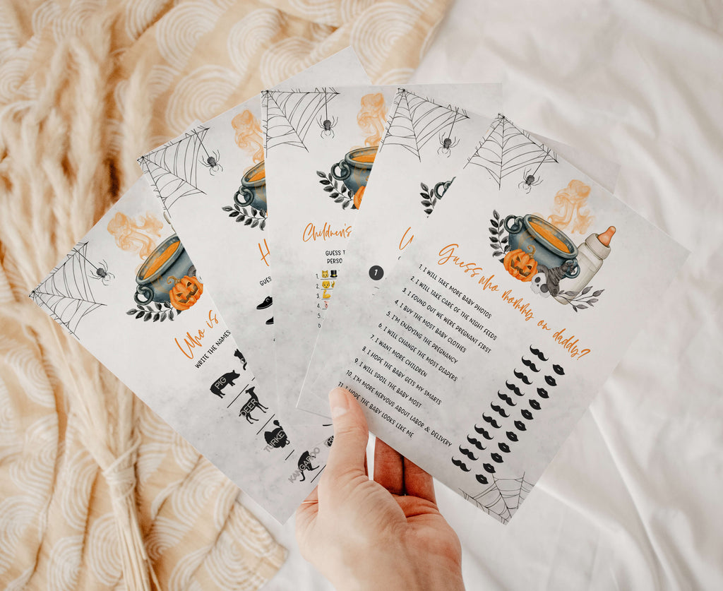 Halloween baby shower games bundle with pumpkin and cauldron design, spooky gender neutral printable pack