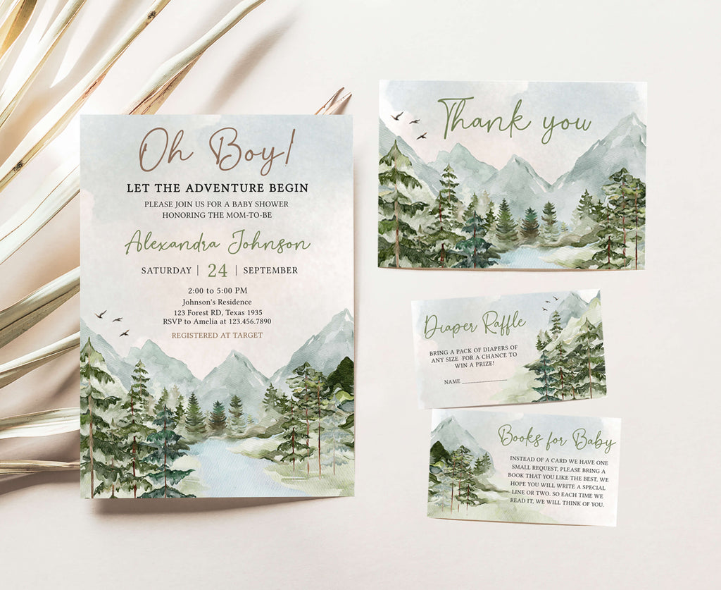 Oh Boy Let the Adventure Begin Baby Shower Invitation Set