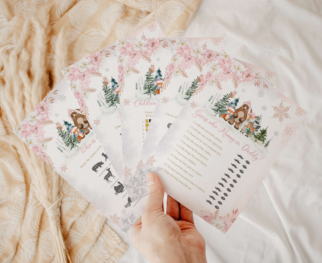 Girl Winter Woodland Baby Shower Games Bundle