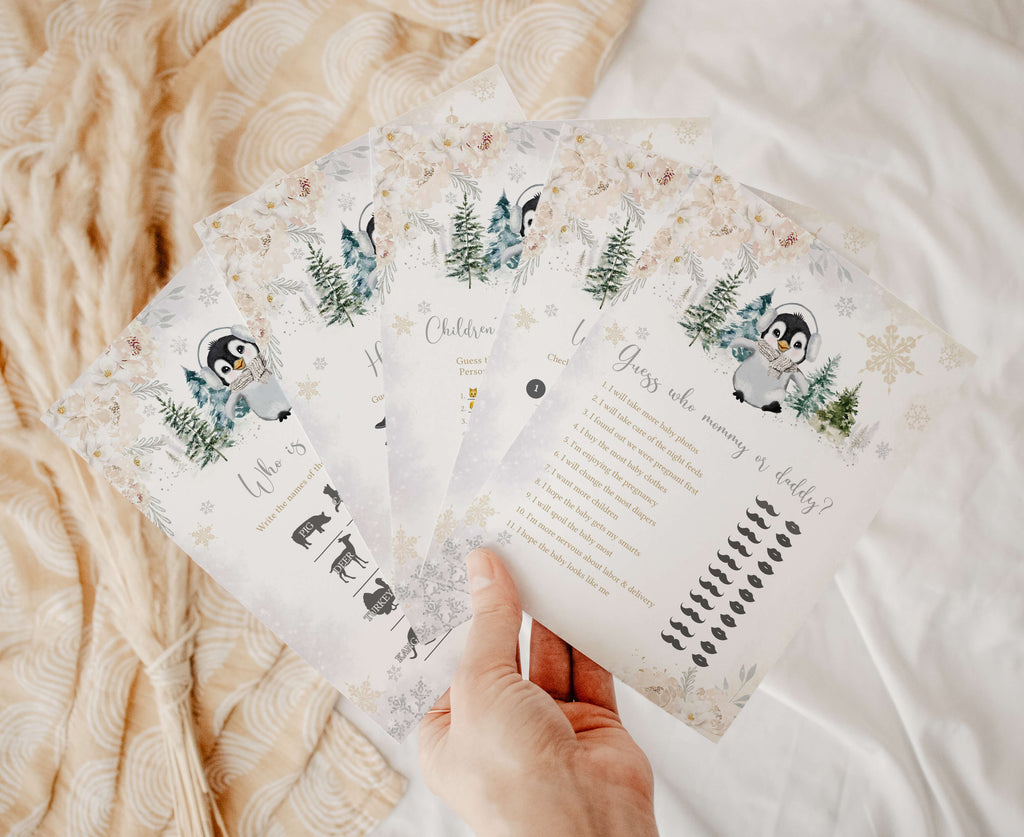 Floral Winter Penguin Baby Shower Games Bundle