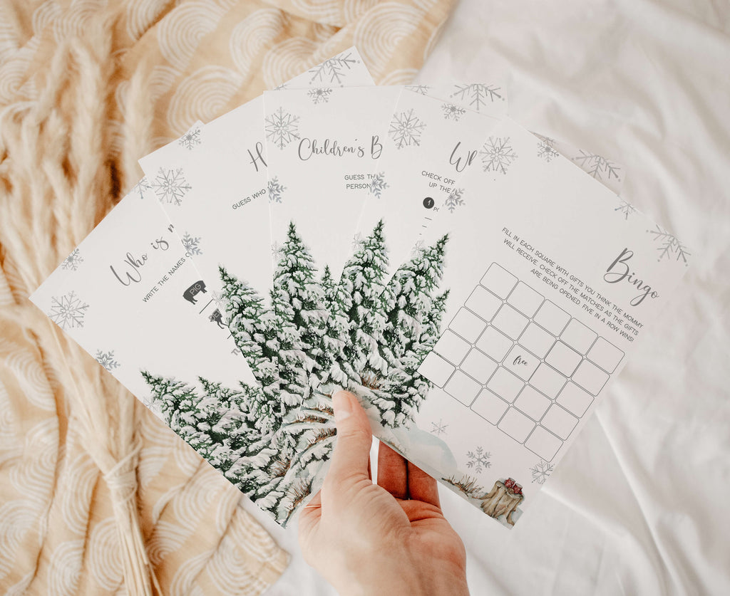 Winter woodland baby shower games bundle, printable snowflake activities, gender neutral theme