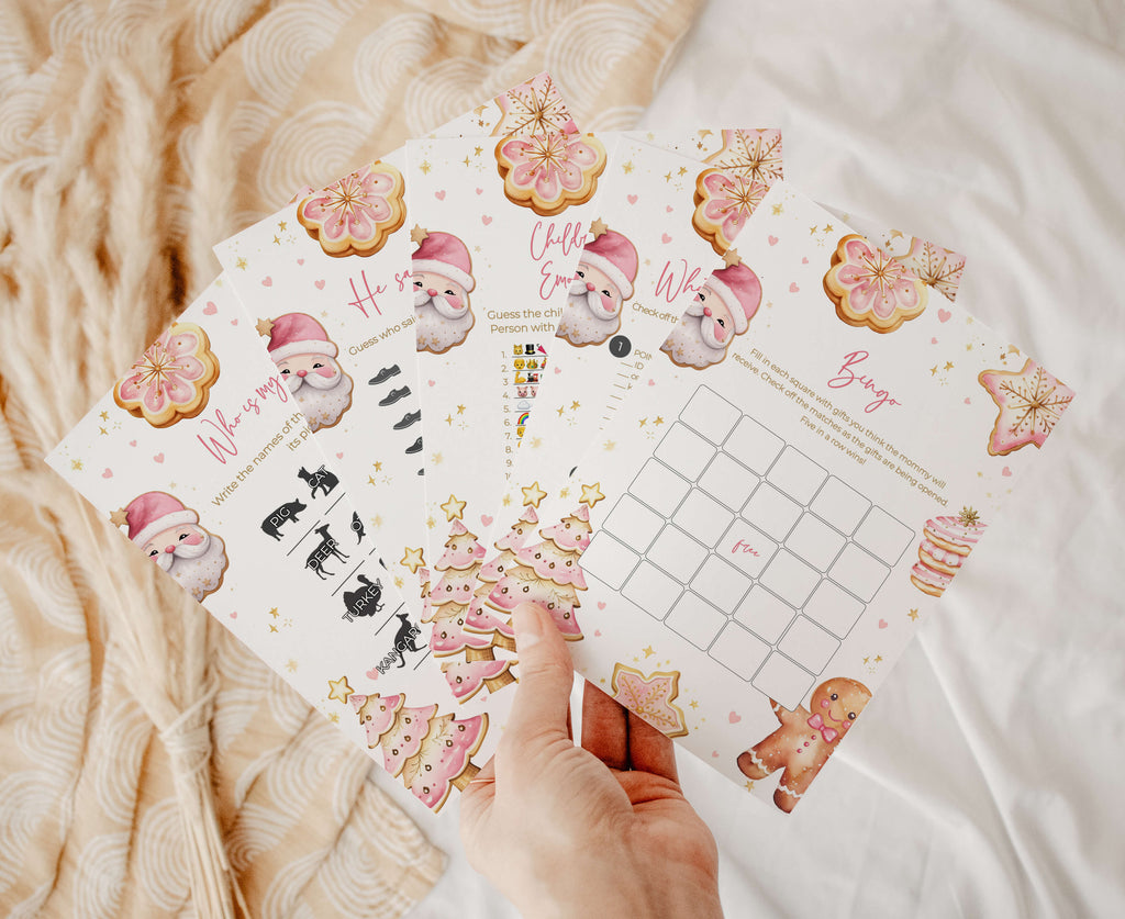 Pink Christmas baby girl shower games bundle | Gingerbread cookie holiday printables