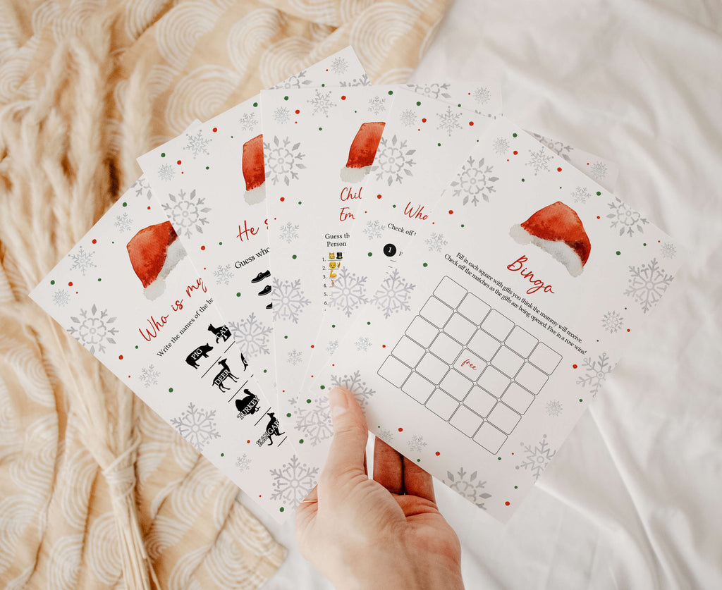Christmas baby shower games bundle with fun printable holiday activities, gender neutral snowflake party theme