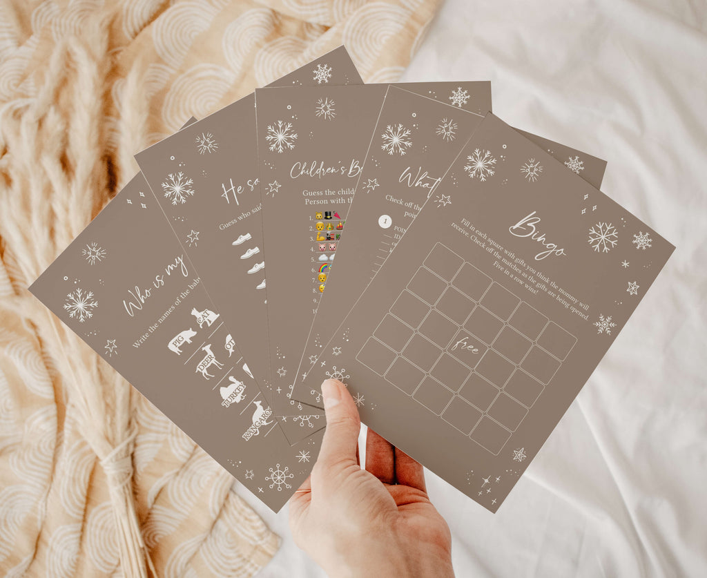 Winter baby shower games bundle with rustic snowflake design, gender neutral printable activities