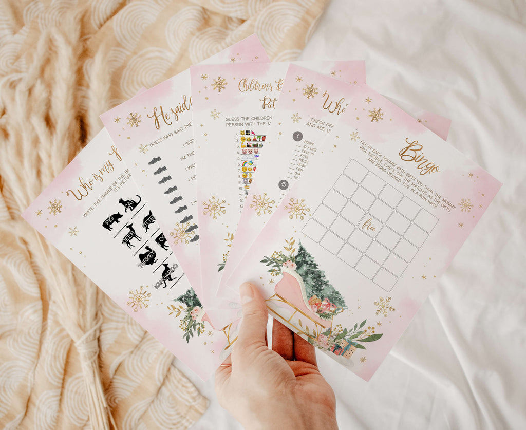 Winter baby shower games bundle for girl with snowflakes and pink holiday design