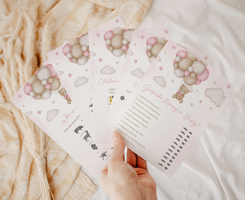 Pink Balloon Bear Baby Shower Games Bundle