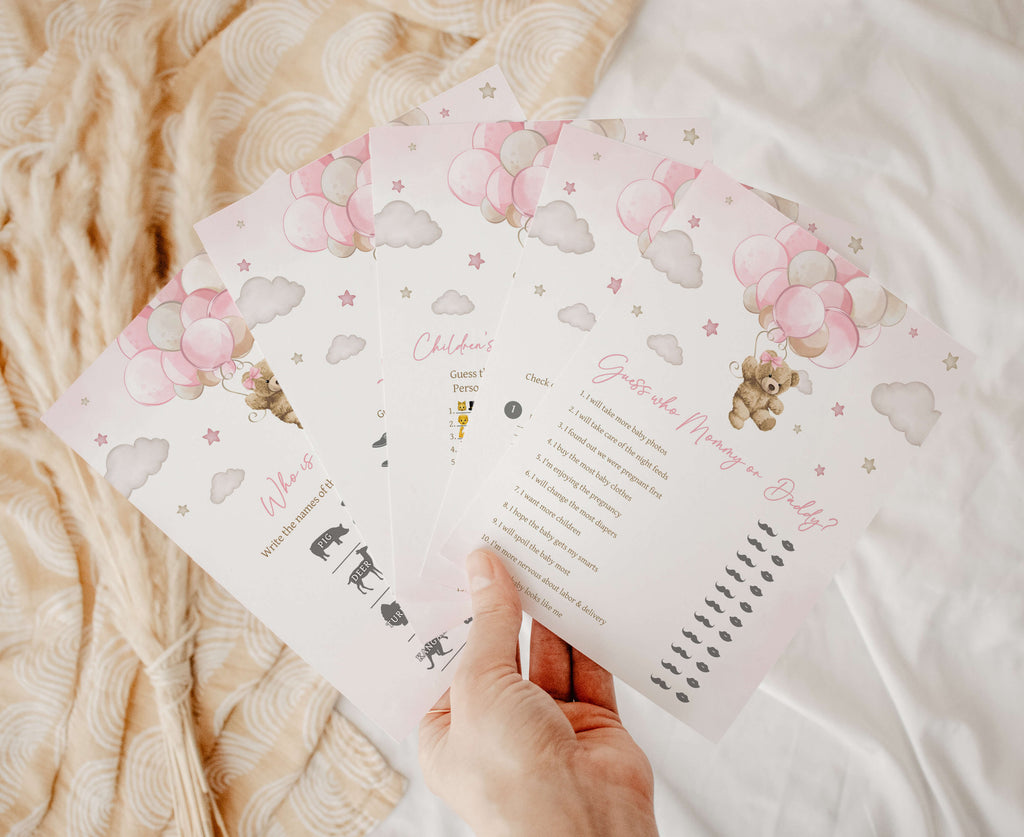 Pink Bear Balloon Baby Shower Games Bundle