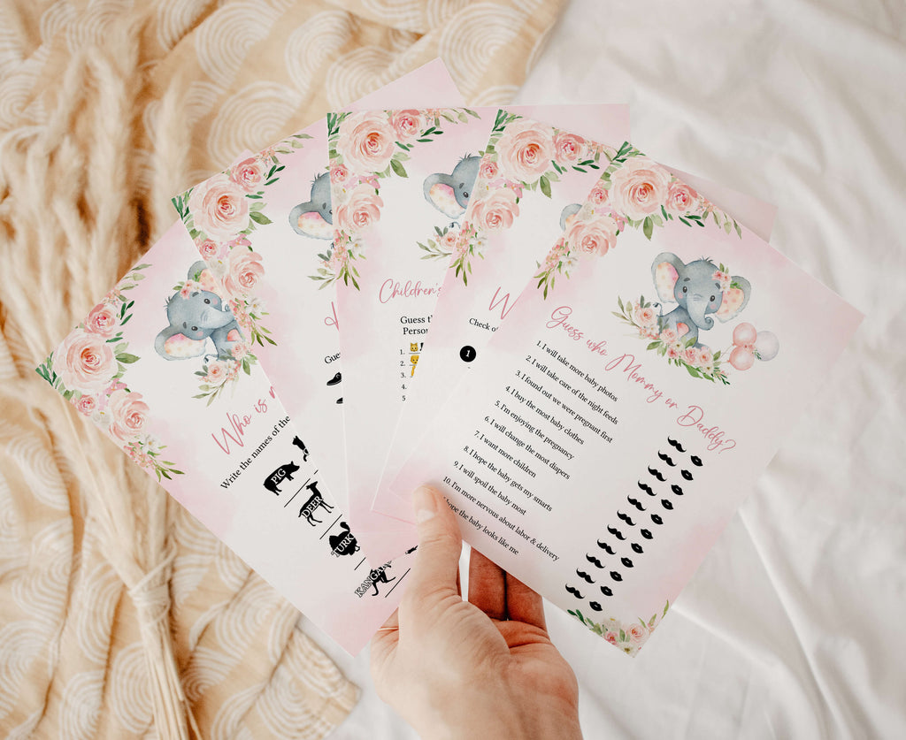 Floral Elephant Baby Shower Games Bundle