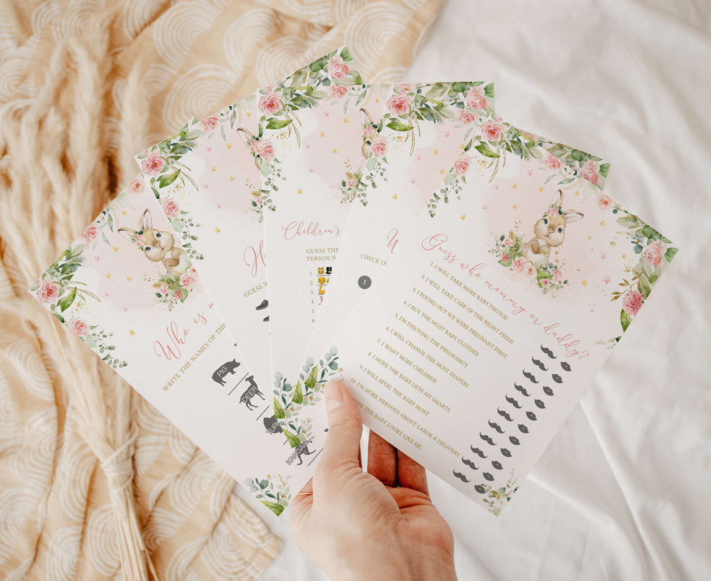 Pink Boho Peter Rabbit Baby Shower Games Bundle