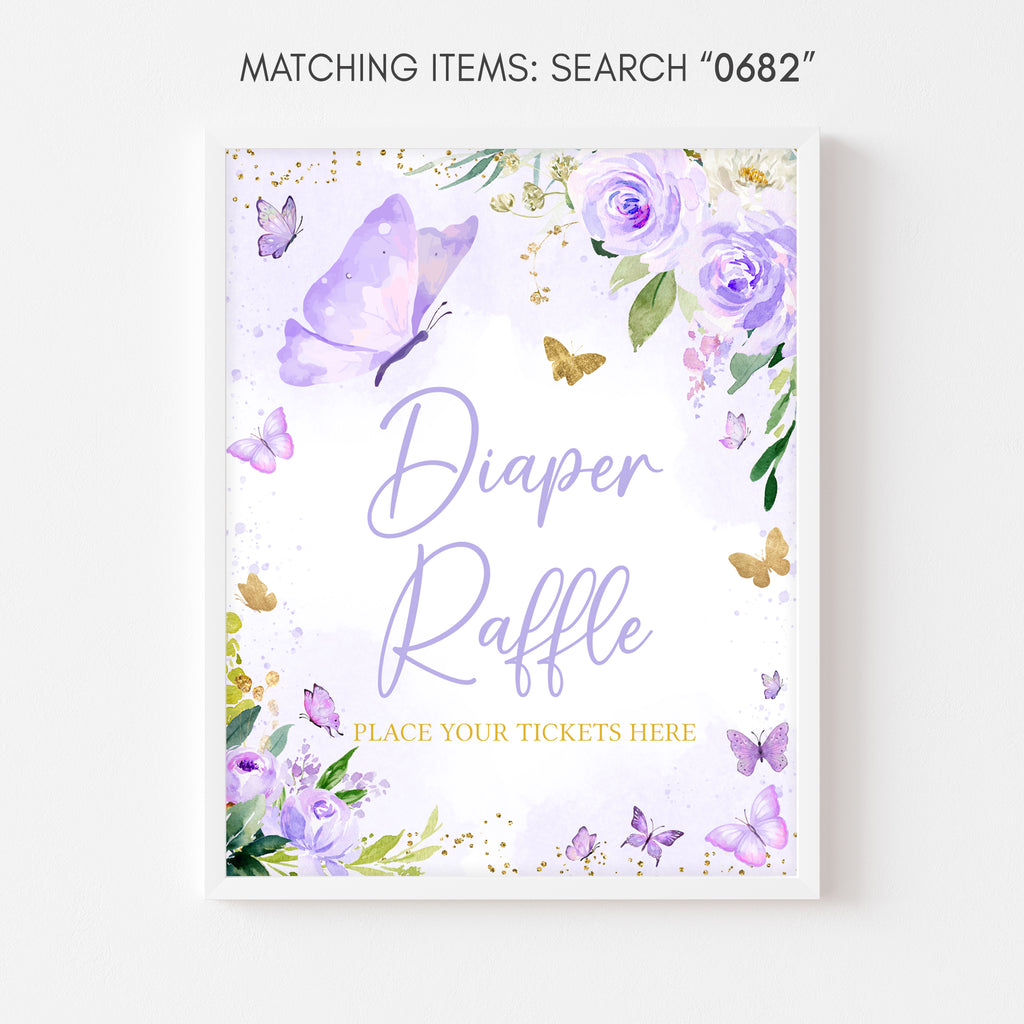 Purple Butterfly Baby Shower Diaper Raffle Sign