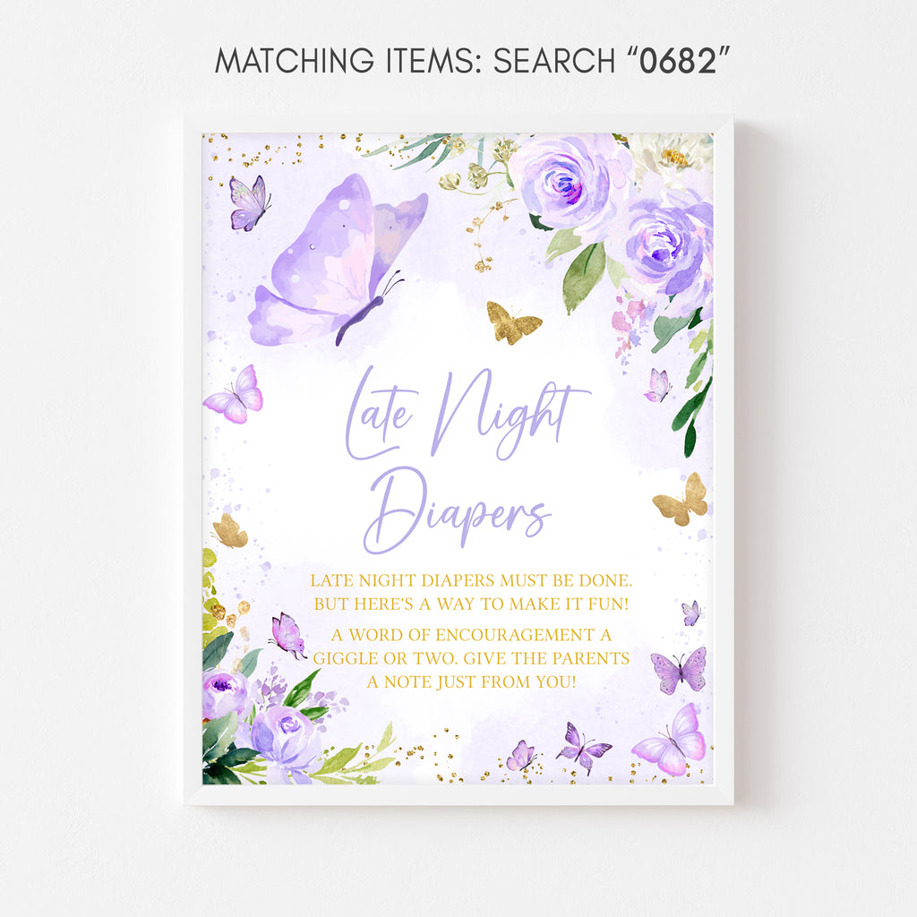 Purple Butterfly Baby Shower Late Night Diapers Sign
