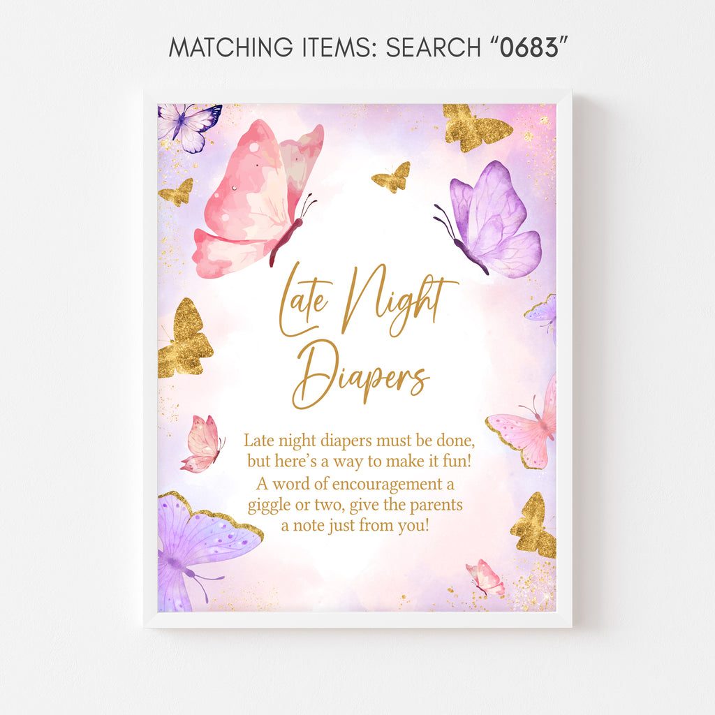 Pink Butterfly Girl Baby Shower Late Night Diapers Sign