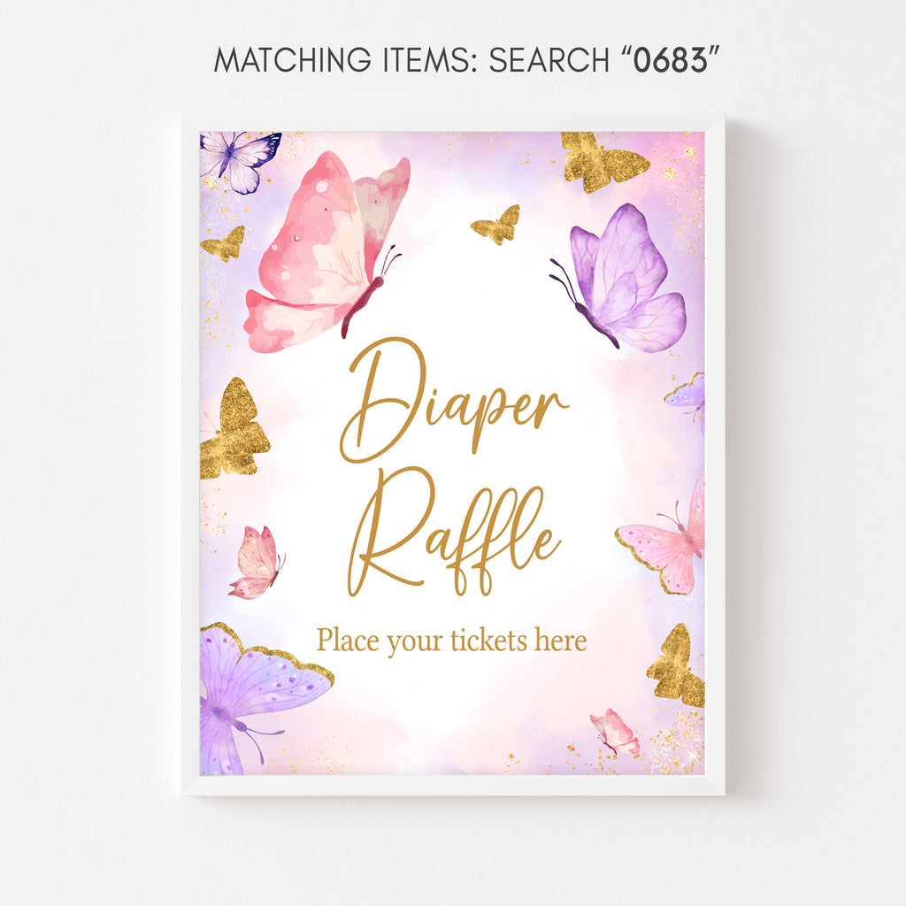 Pink Butterfly Girl Baby Shower Diaper Raffle Sign