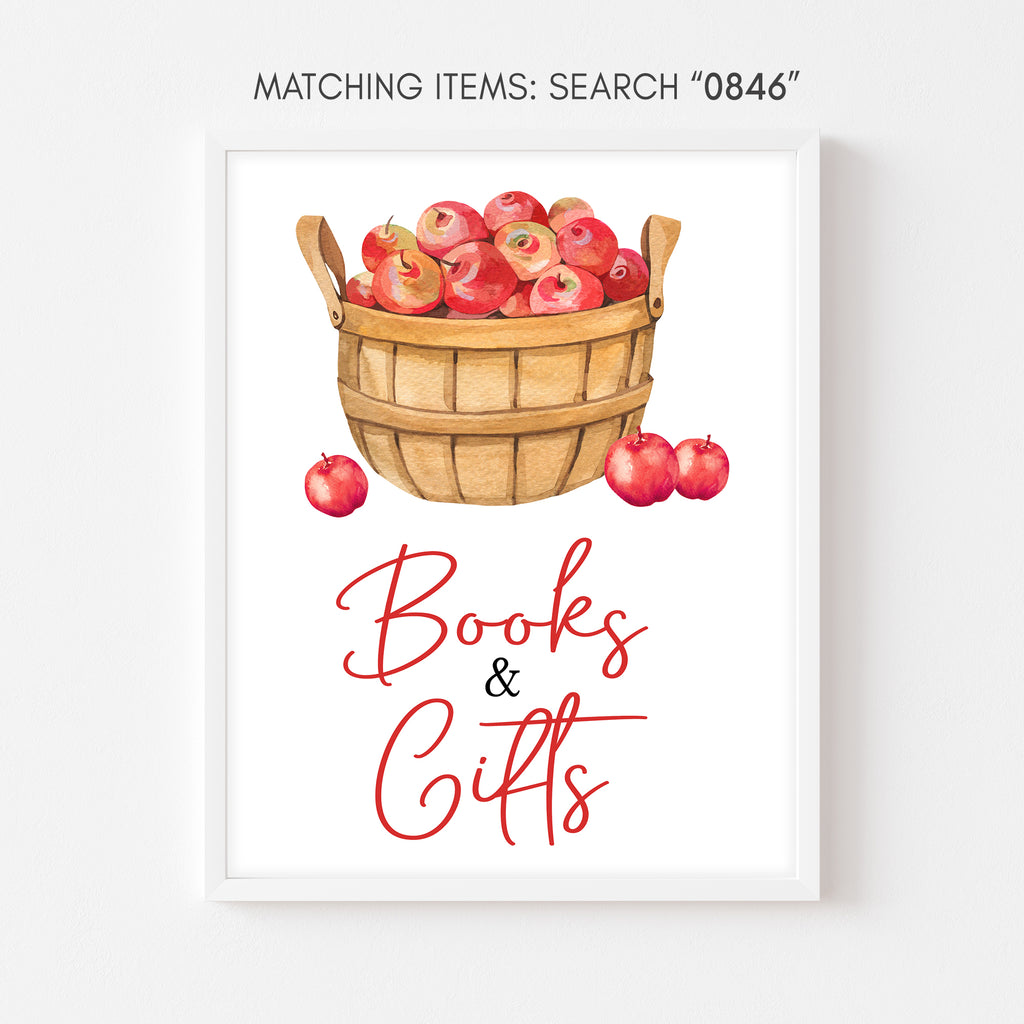 Fall-themed apple baby shower sign for books and gifts table, watercolor basket and warm autumn colors