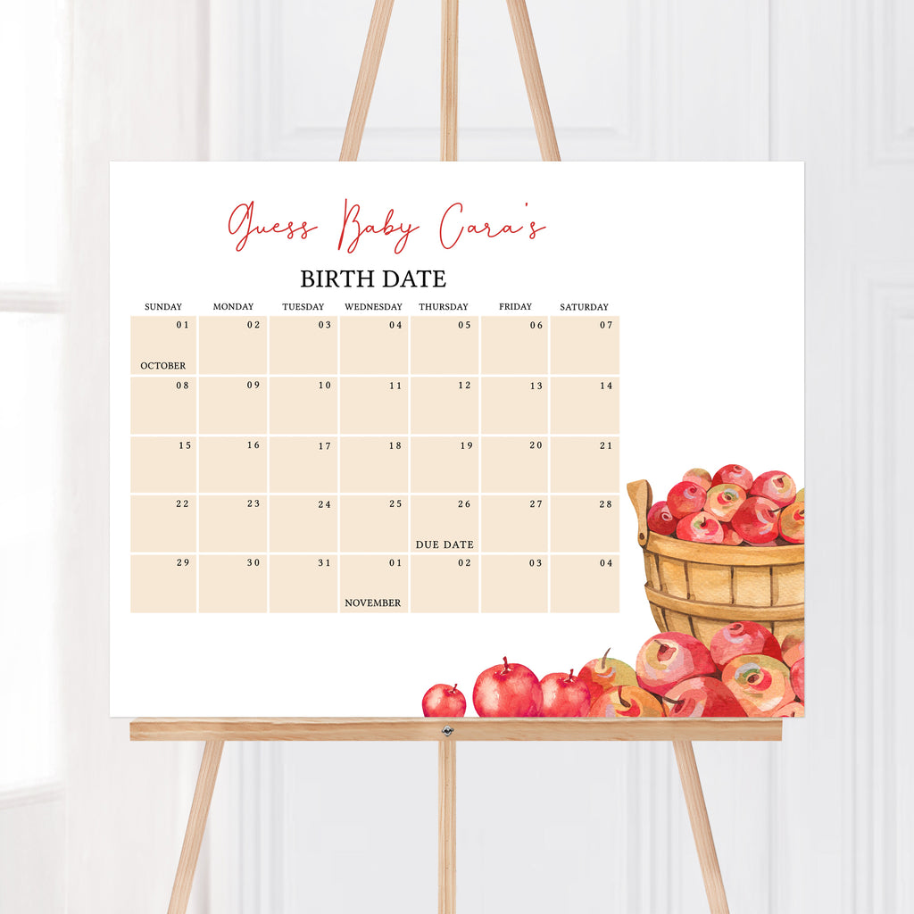 Apple baby shower due date calendar with watercolor design, fun fall activity for guests to guess baby’s arrival