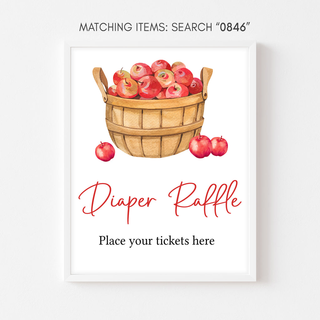 Apple baby shower diaper raffle sign with rustic theme for fall baby shower games table setup