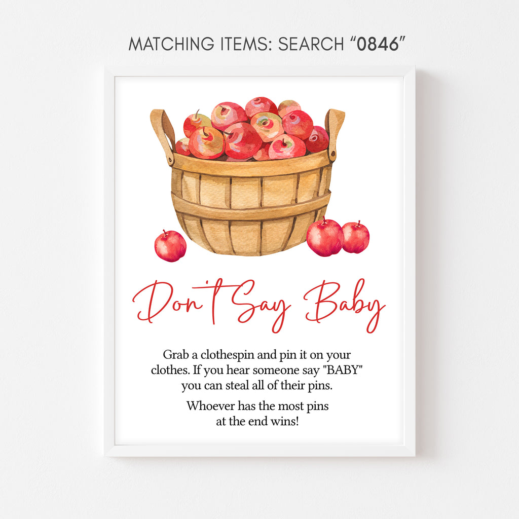 Printable Don’t Say Baby game sign with watercolor apples, a fun fall-themed baby shower game
