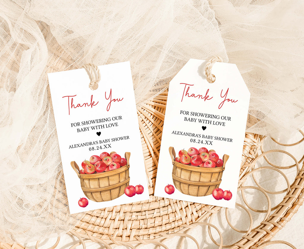 Printable apple baby shower favor tags with a sweet rustic design for autumn baby shower gifts