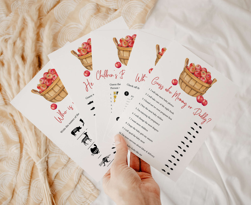 Fall baby shower games bundle with apple-themed printable activities for a cozy autumn party