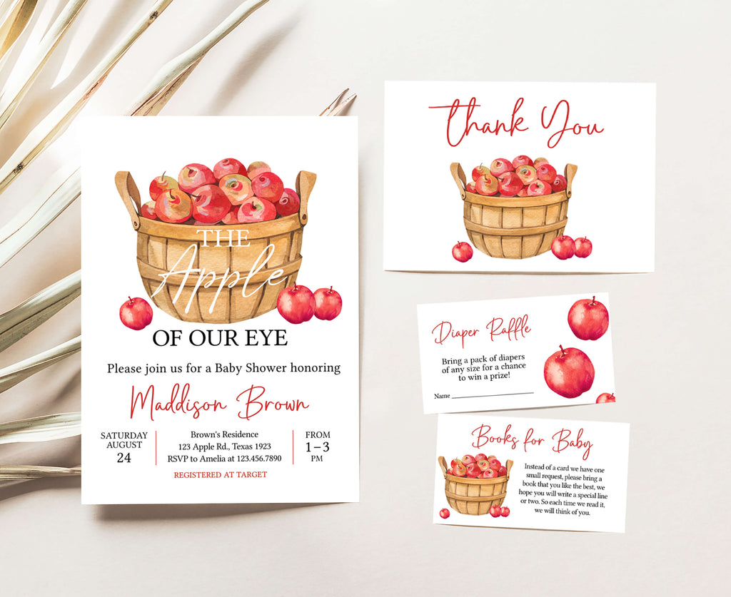 Rustic apple baby shower invitation set with fall colors for an autumn celebration