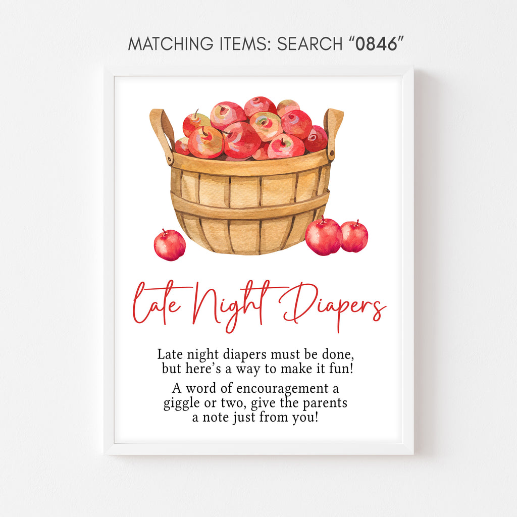 Late night diapers apple baby shower sign with warm rustic design, fun fall-themed nursery station decor