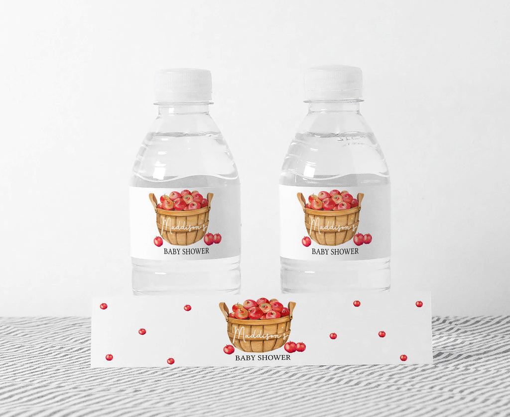 Editable apple-themed baby shower bottle labels with rustic fall vibes for drinks or favors