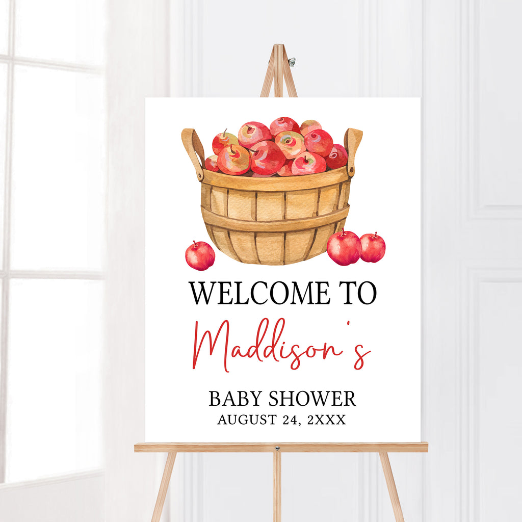Welcome sign for apple baby shower with fall colors and watercolor apple basket for entrance decor