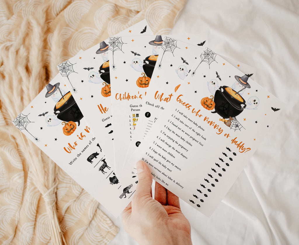 Halloween baby shower games bundle with ghosts, pumpkins & witch cauldron – printable gender neutral party set