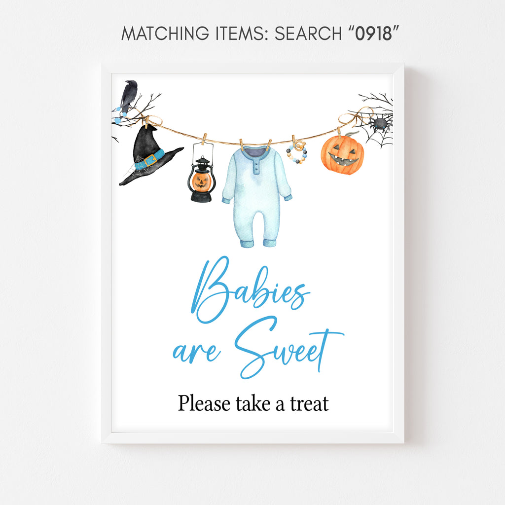 Halloween baby shower sign for boys with sweet treats theme and cute blue pumpkin and spiderweb accents